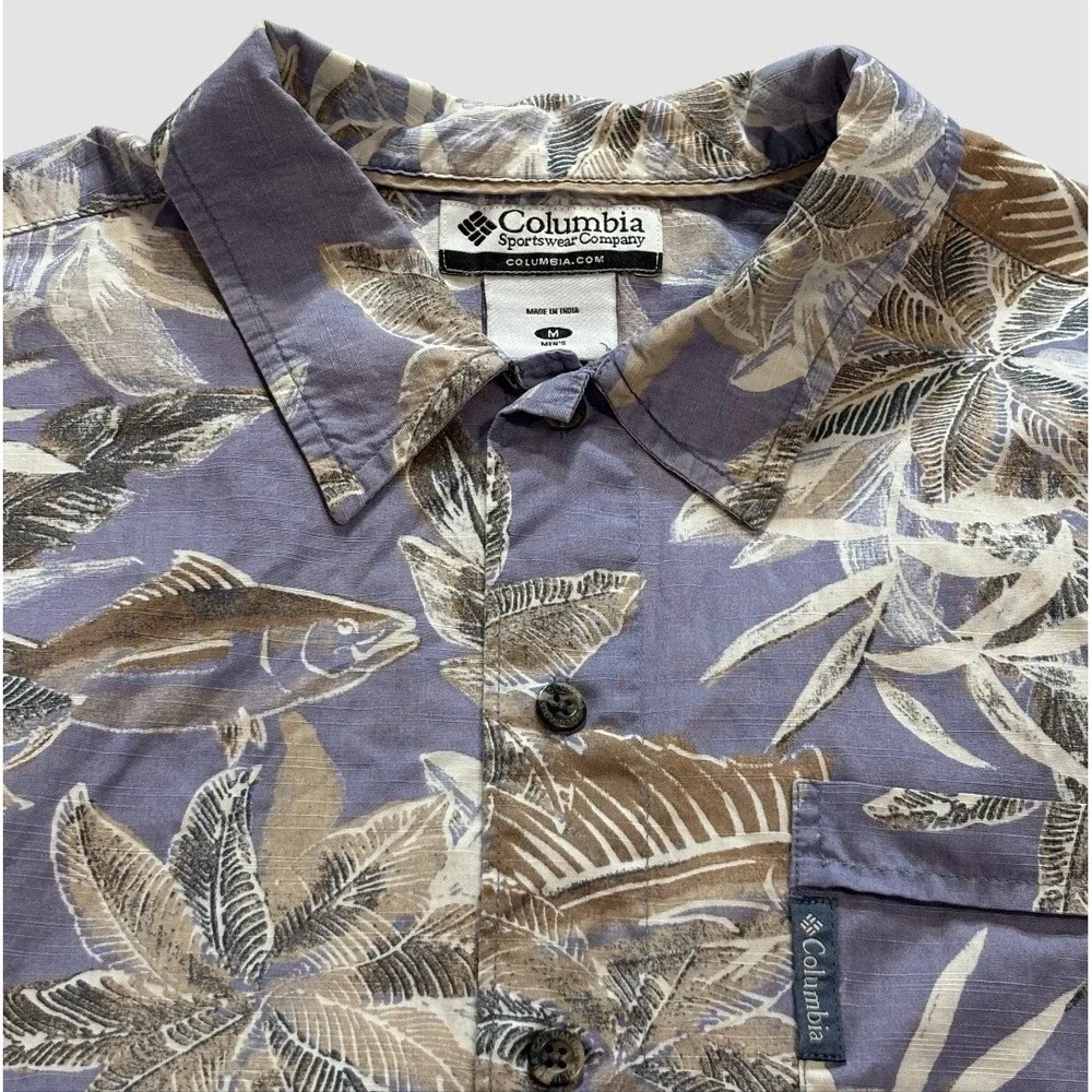 Columbia‎ Men's Medium Hawaiian Shirt 100% Cotton Palm Trees Fish Lavender Blue